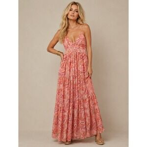 Jessica Simpson Pink Orange Psychedelic Print Tiered Maxi Dress Large Cutout